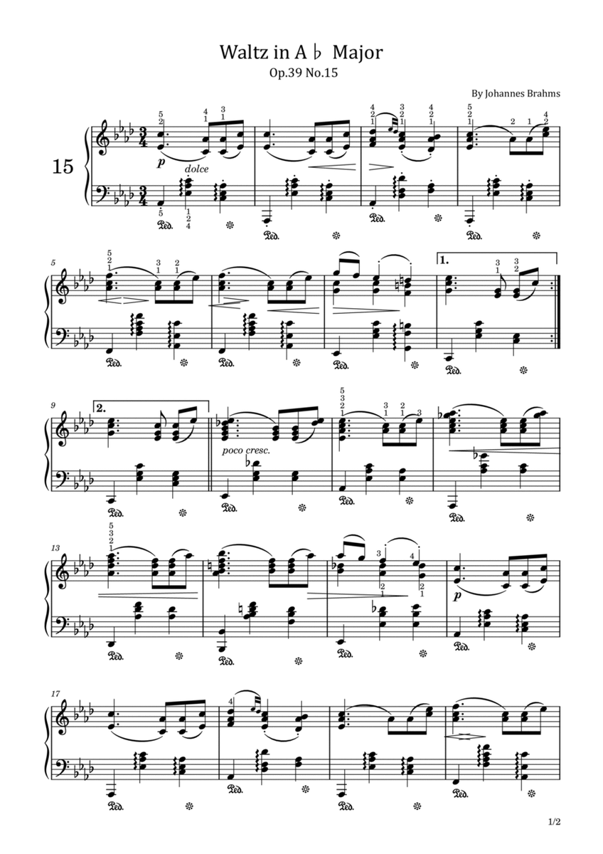 Waltz in A♭ Major Op.39 No.15 - Johannes Brahms - Original With Fingered image number null