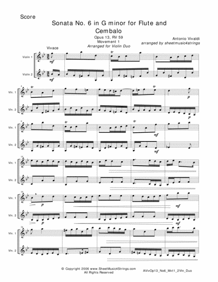 Vivaldi, A. - Sonata No. 6 Mvt. 1 for Two Violins image number null