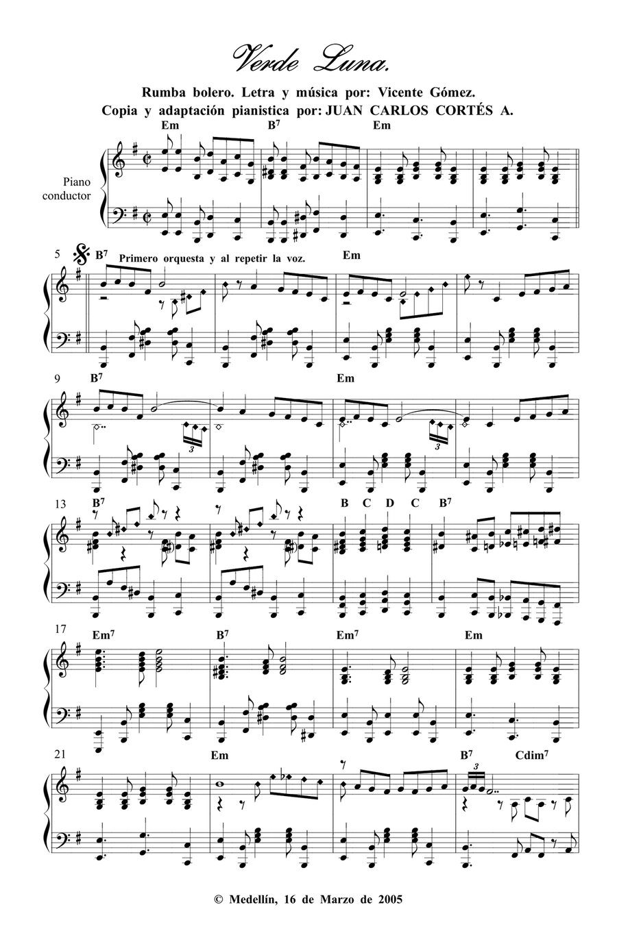Verde Luna (Green Moon) - Rumba por Vicente Gómez Piano Solo scores gallery preview page 1