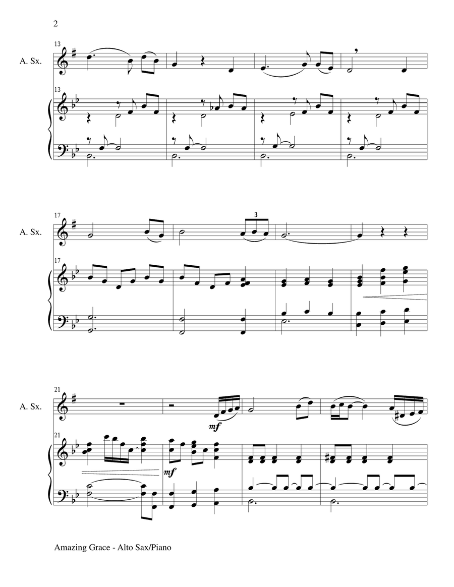 AMAZING GRACE (Alto Sax Piano and Sax Part) Alto Saxophone scores gallery preview page 2
