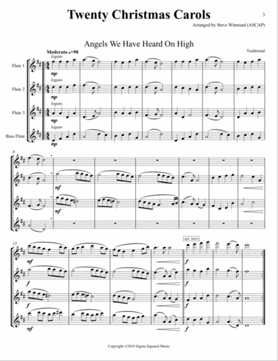 Twenty Christmas Carols for Flute Quartet/Choir Choir scores gallery preview page 3