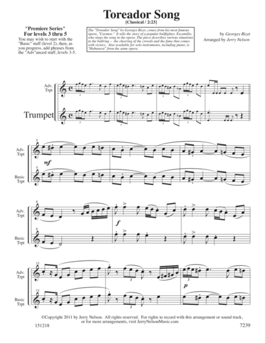 The Toreador Song - Bizet (Arrangements Level 3-5 for TRUMPET + Written Acc) Trumpet Solo scores gallery preview page 2