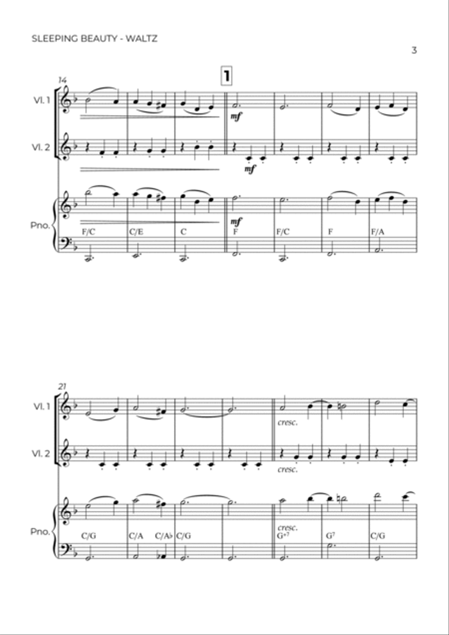 SLEEPING BEATY WALTZ - TCHAIKOVSKY - STRING PIANO TRIO (VIOLIN 1, VIOLIN 2 & PIANO) Piano Trio scores gallery preview page 3