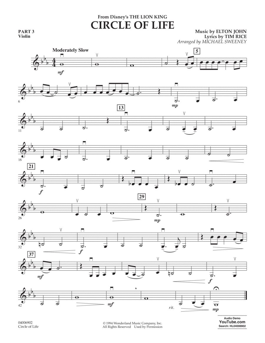 Circle of Life (from The Lion King) (arr. Michael Sweeney) - Pt.3 - Violin Concert Band scores gallery preview page 1