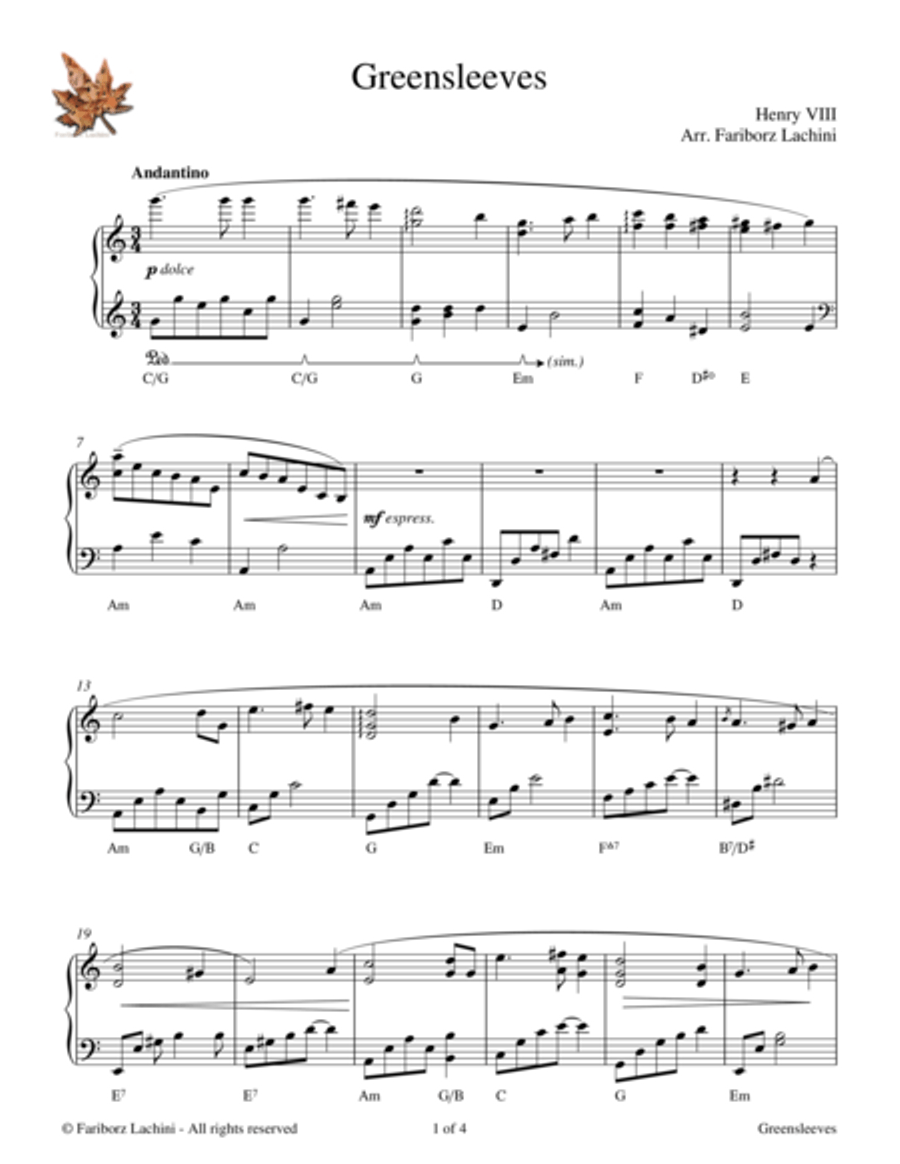 Greensleeves Piano Solo scores gallery preview page 1