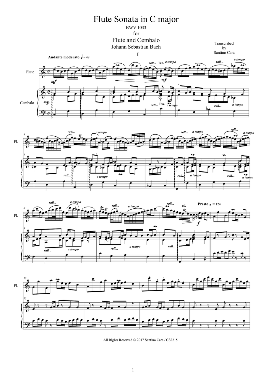Bach - Flute Sonata in C major BWV 1033 for Flute and Harpsichord or Piano Flute scores gallery preview page 1