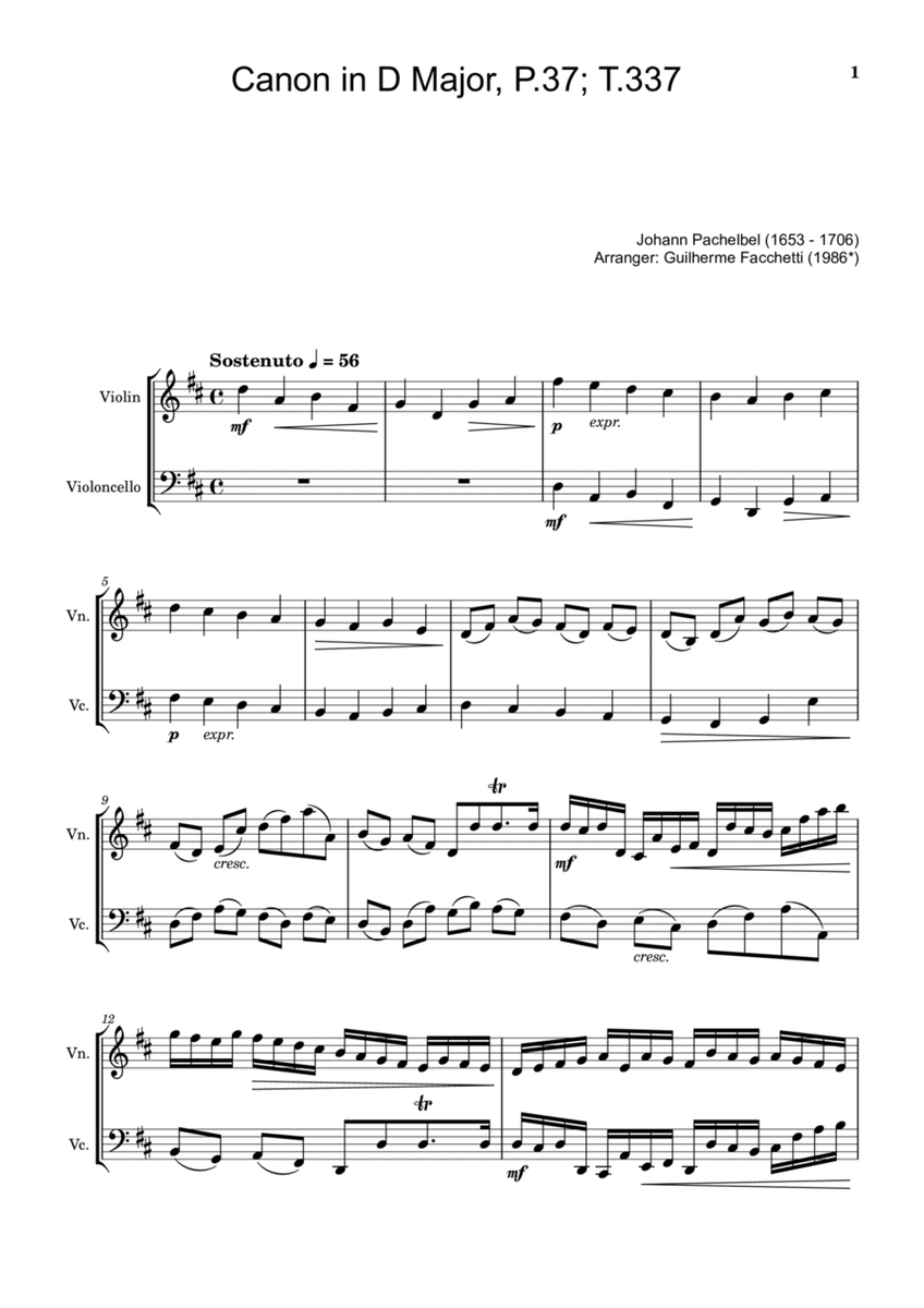 Johann Pachelbel - Canon in D Major, P.37; T.337. For Violin and Violoncello. Score and Parts image number null