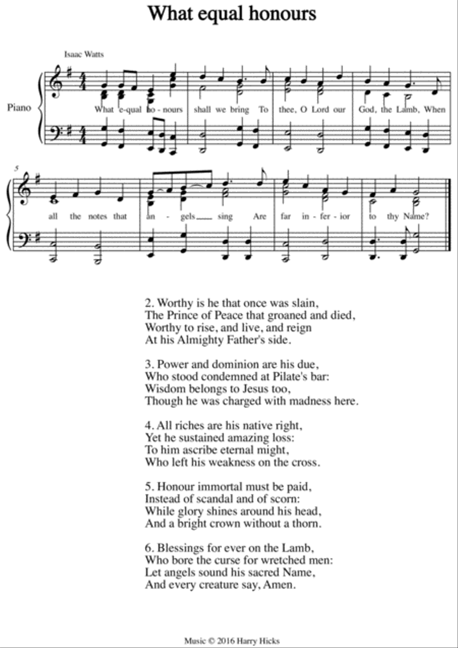 What equal honours. A new tune to a wonderful Isaac Watts hymn. Unison Choir scores gallery preview page 1