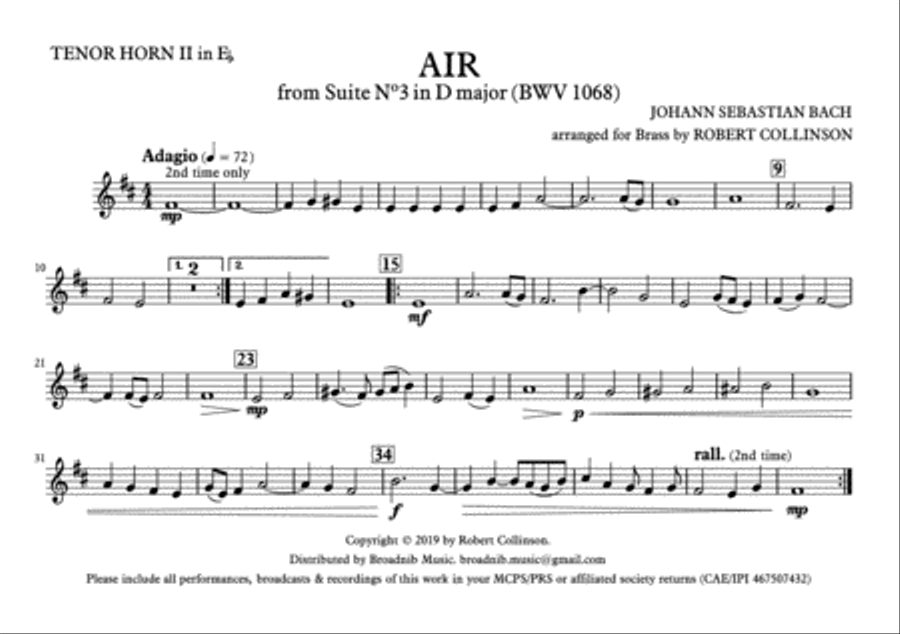 AIR FROM SUITE IN D (BWV 1068) (Bach) - March card parts (A5) only Brass Ensemble scores gallery preview page 6