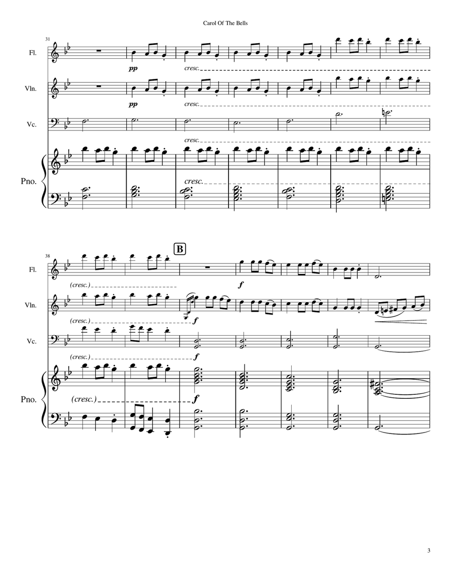 Carol Of The Bells (for Flute, Violin, Cello & Piano) Small Ensemble scores gallery preview page 3
