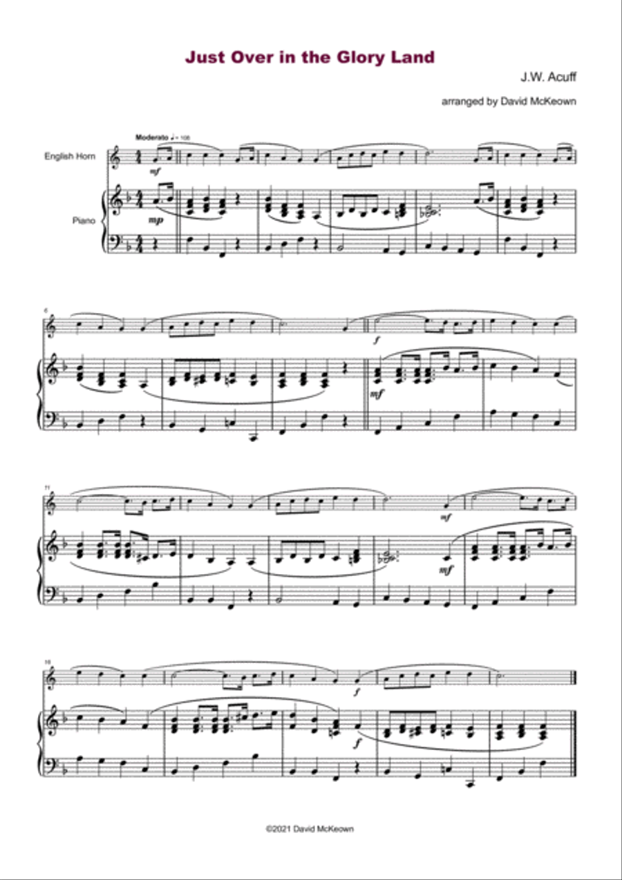 Just Over In Glory Land, Gospel Hymn for English Horn and Piano English Horn scores gallery preview page 2