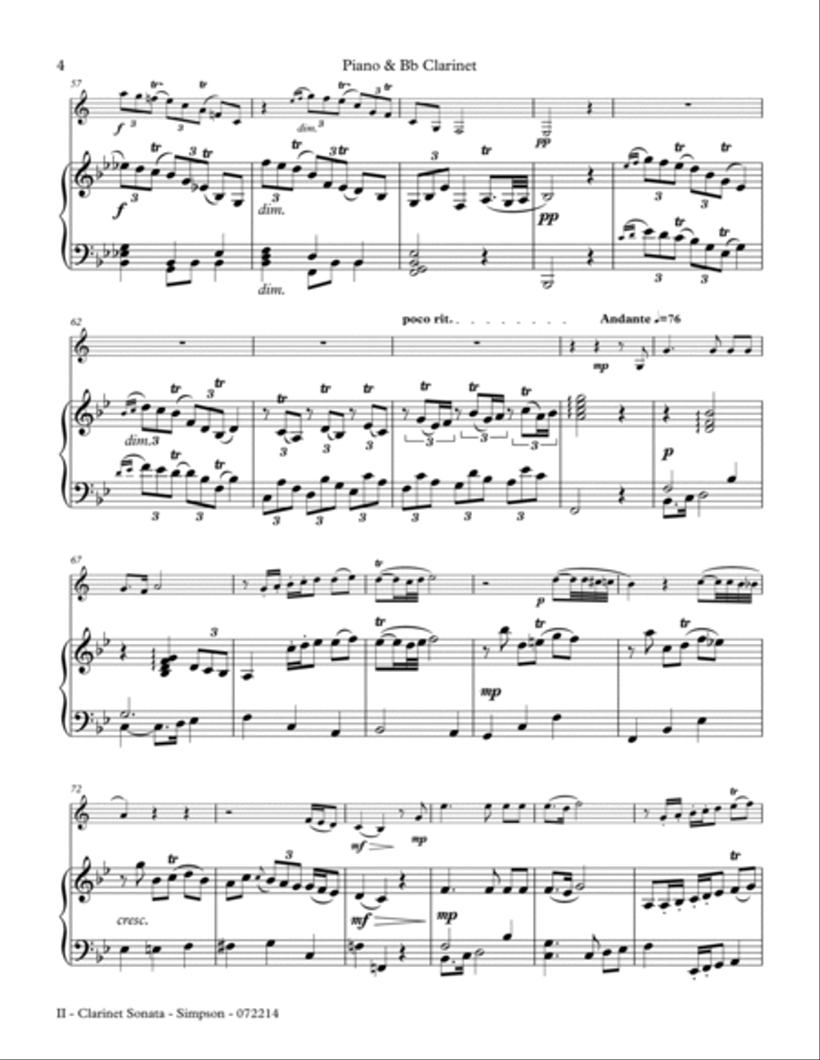 Clarinet Sonata - 2nd Mov., (Andante affettuoso) Clarinet Solo scores gallery preview page 4