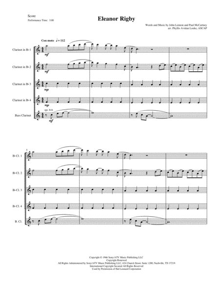 Eleanor Rigby by Lennon and McCartney for Clarinet Choir (or Quintet) image number null