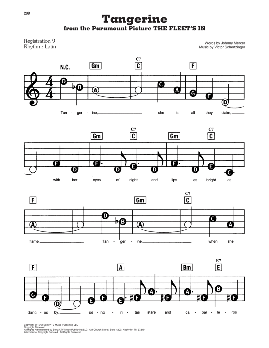 Tangerine (from The Fleet's In) Electronic Keyboard scores gallery preview page 1