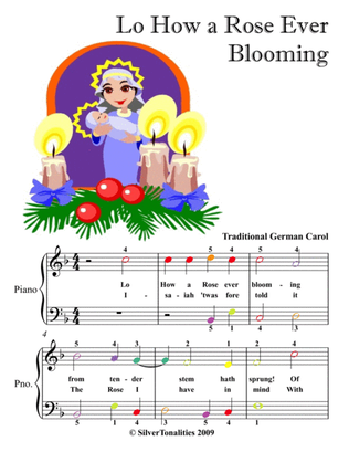 Lo How a Rose Ever Blooming Easiest Piano Sheet Music with Colored Notes