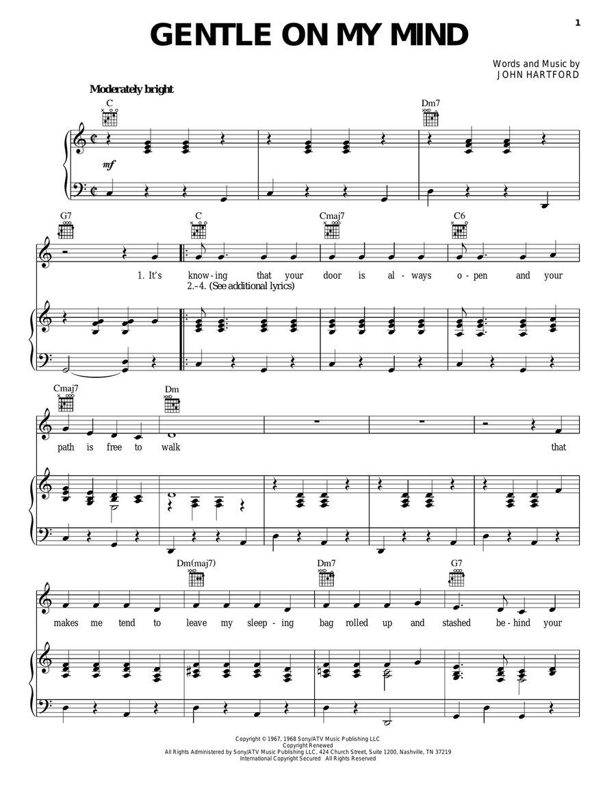 Gentle On My Mind Piano, Vocal, Guitar scores gallery preview page 1