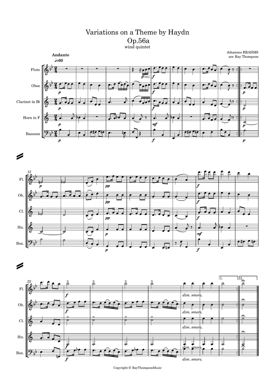 Brahms: Variations on a Theme by Haydn Op.56a (Theme and Variations 1, 2, 3, 4 & 7) - wind quintet Woodwind Quintet scores gallery preview page 3
