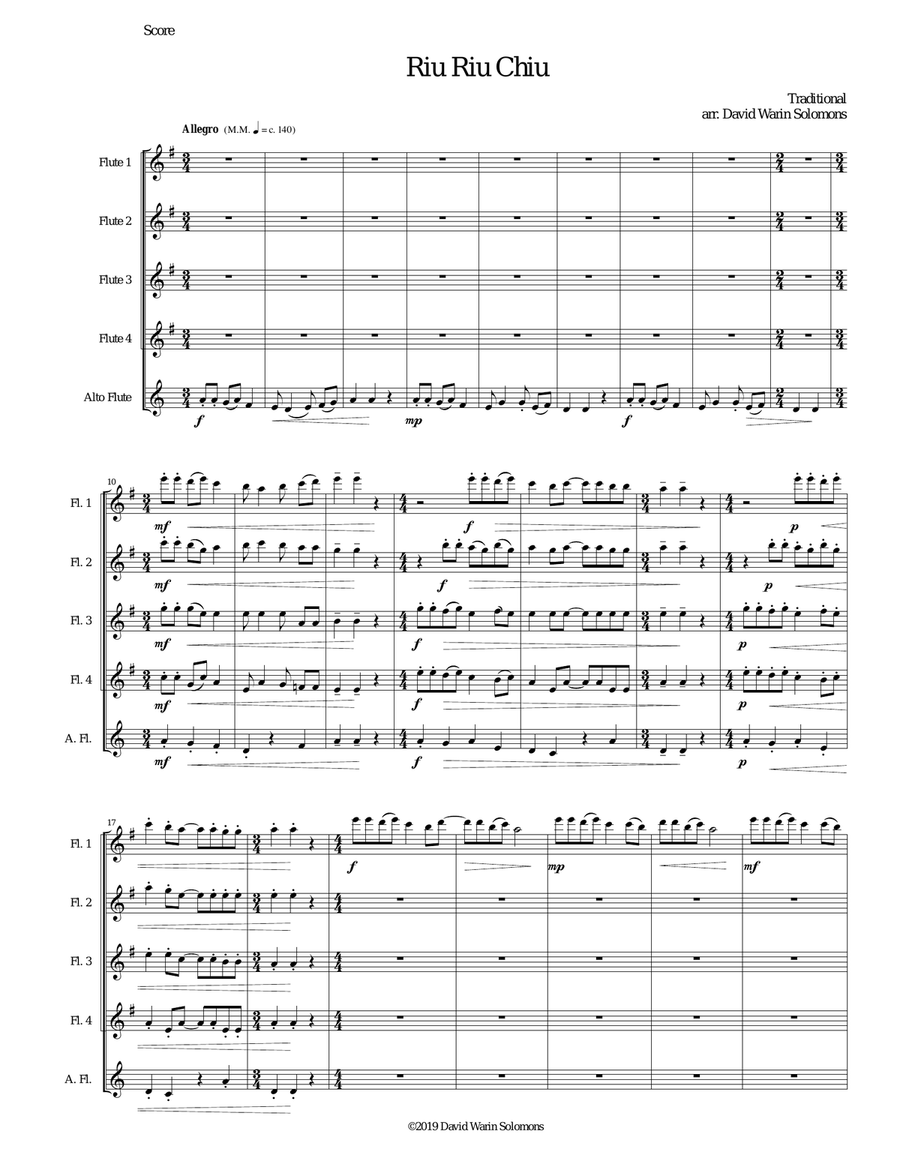 Riu Riu Chiu arranged for flute quintet (4 flutes and 1 alto flute) Flute Solo scores gallery preview page 1