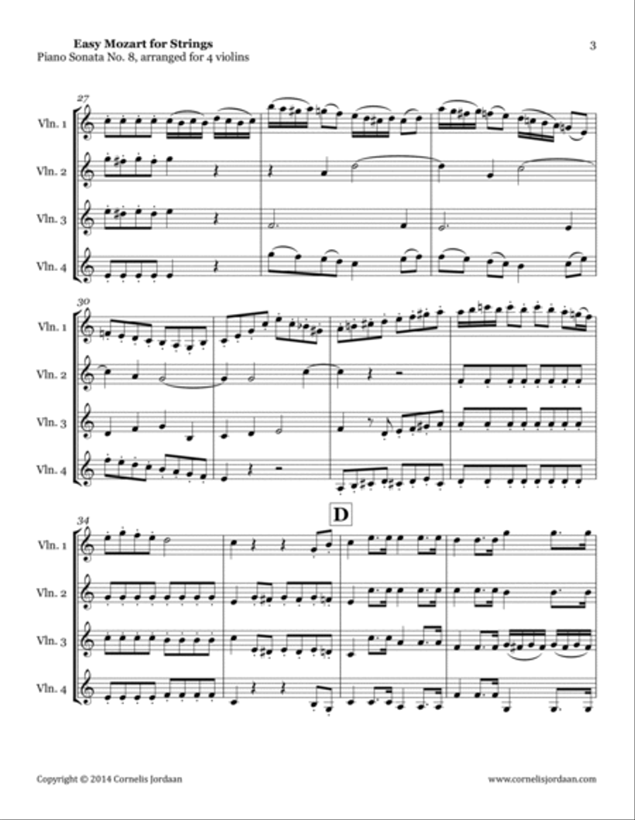 Easy Mozart for Strings - Piano Sonata No. 8, arranged for 4 violins String Orchestra scores gallery preview page 3