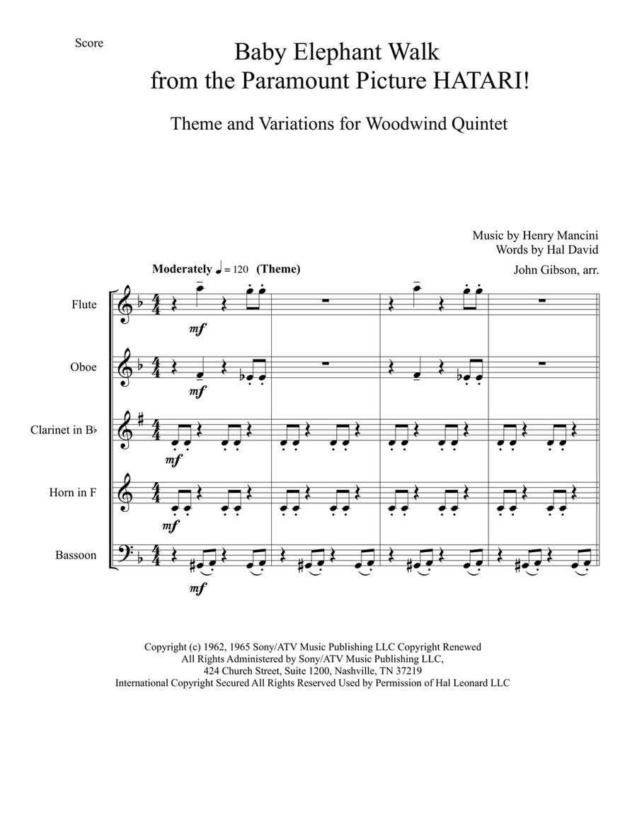 Baby Elephant Walk from the Paramount Picture HATARI! Woodwind Quintet scores gallery preview page 2