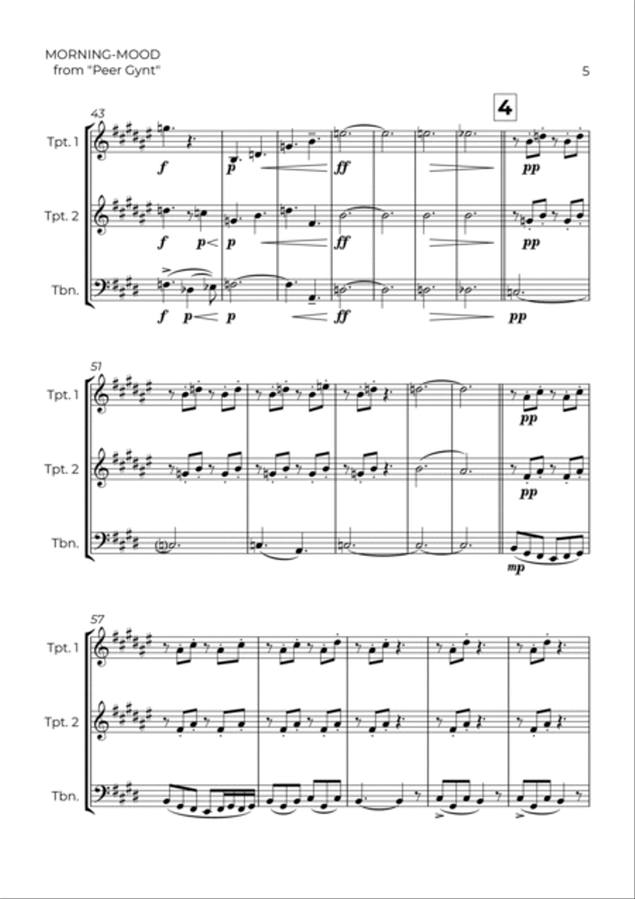 MORNING-MOOD - EDVARD GRIEG - BRASS TRIO (TRUMPET 1, TRUMPET 2 & TROMBONE) Brass Trio scores gallery preview page 5