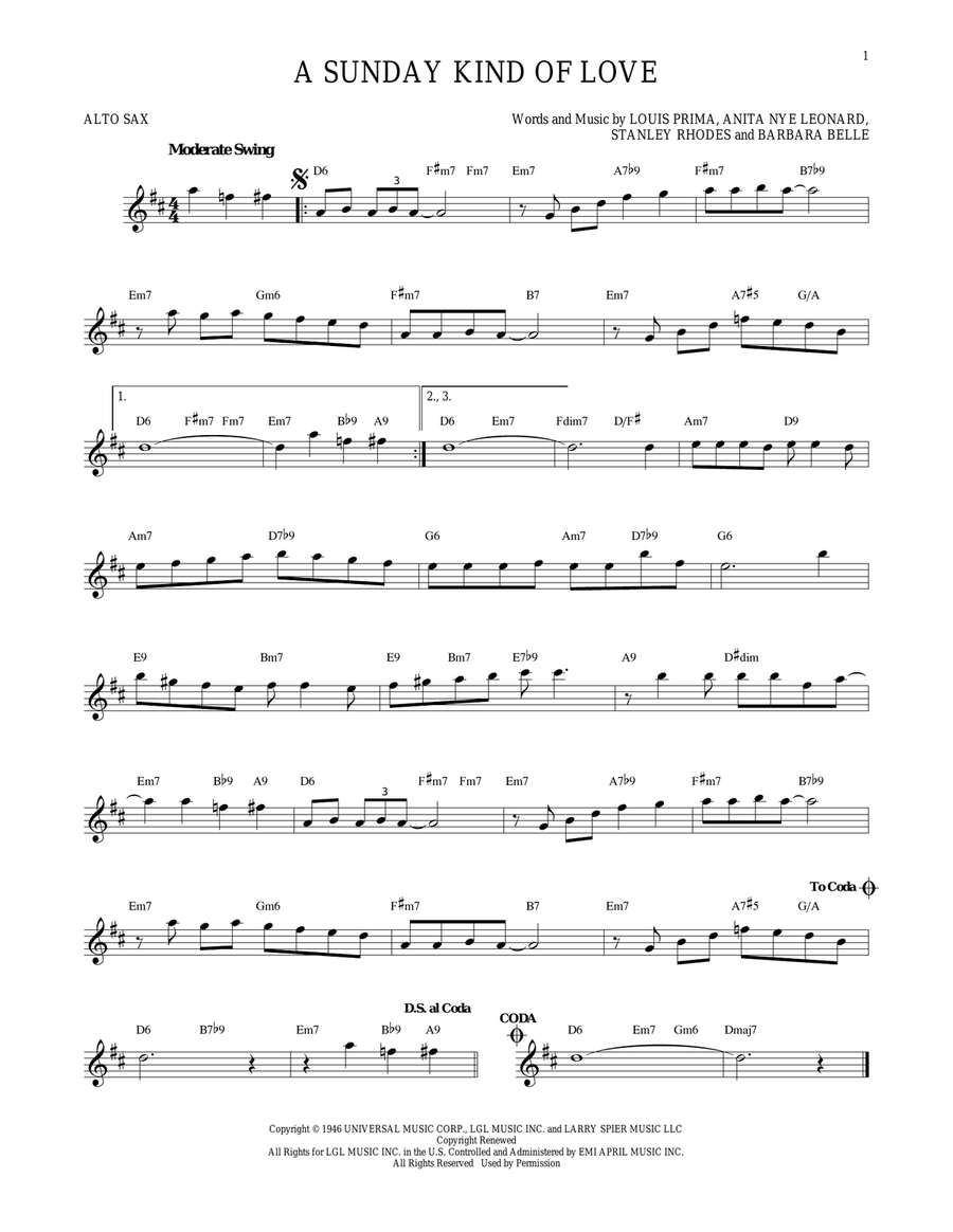A Sunday Kind Of Love A Sunday Kind Of Love Alto Saxophone scores gallery preview page 1