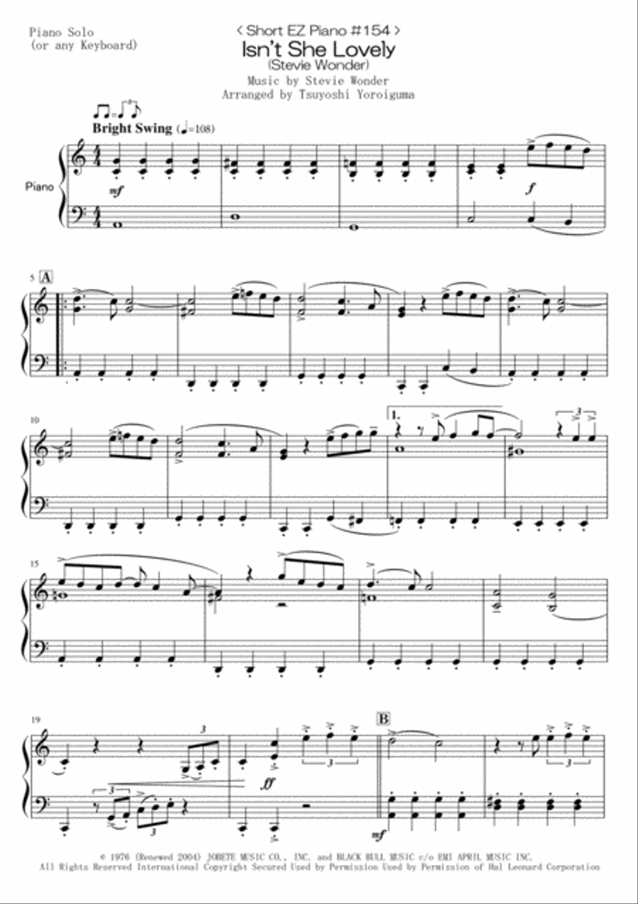 Isn't She Lovely Isn't She Lovely Easy Piano scores gallery preview page 1