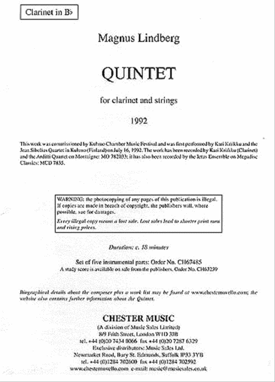 Quintet for Clarinet and Strings Clarinet scores gallery preview page 1