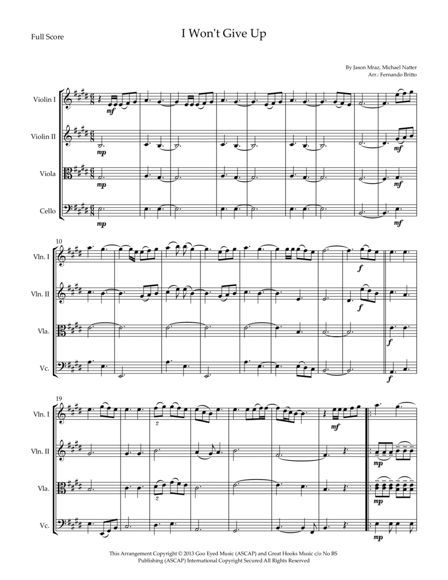 I Won't Give Up String Quartet scores gallery preview page 1