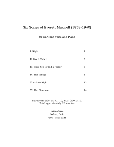 Six Songs of Everett Maxwell for Baritone Voice and Piano image number null