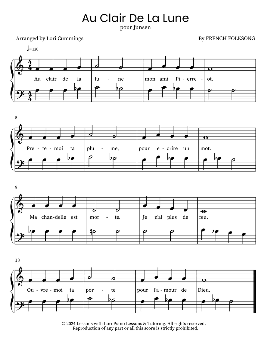 Au Clair De La Lune Piano, Vocal scores gallery preview page 1