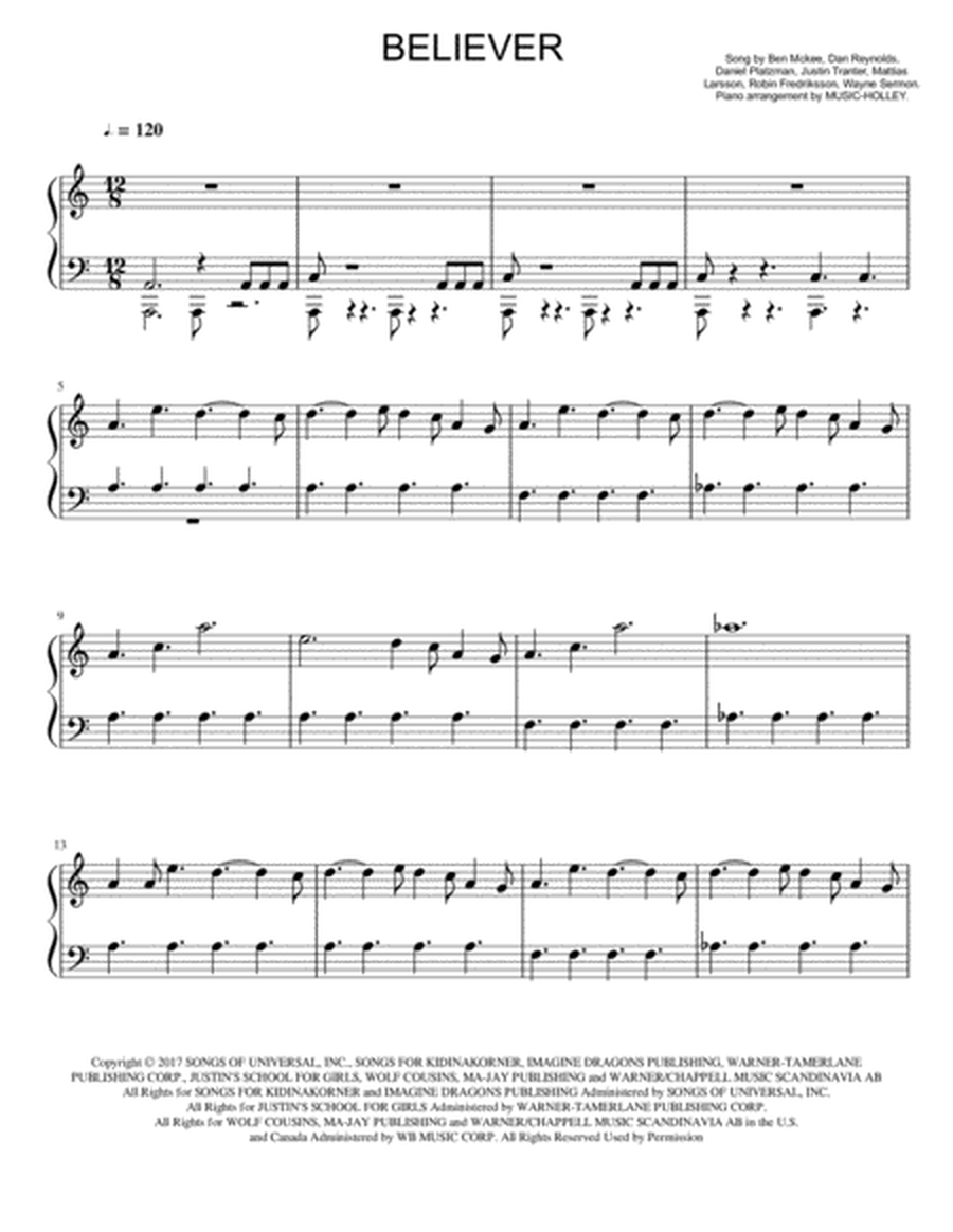 Imagine Dragons - Believer (easy piano sheet, in A minor)
