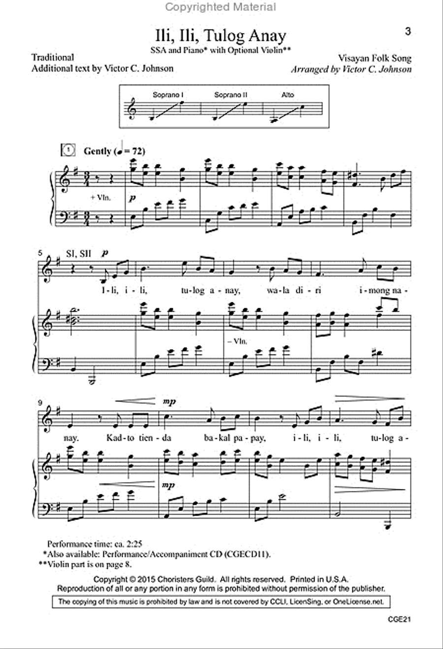 Ili, Ili, Tulog Anay (SSA with Opt. Violin) SSA scores gallery preview page 2