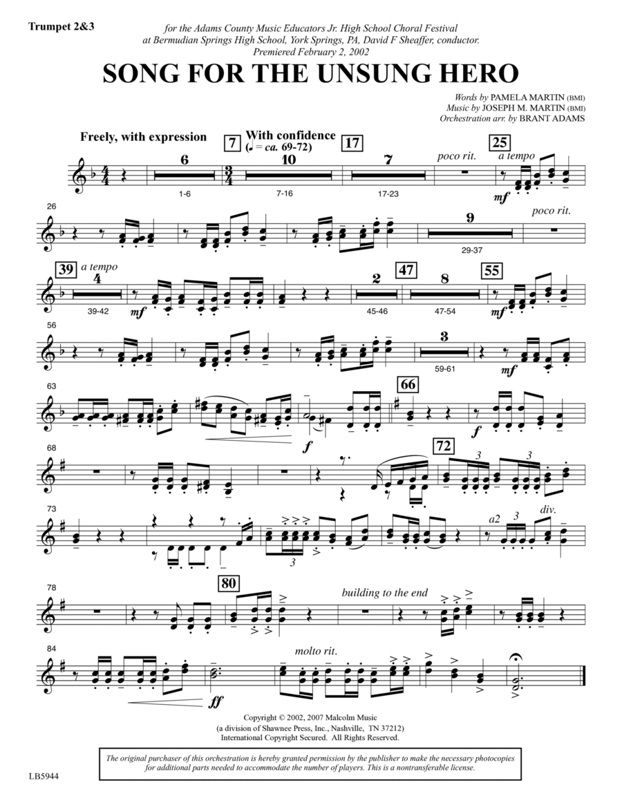 Song for the Unsung Hero - Bb Trumpet 2,3 Choir scores gallery preview page 1