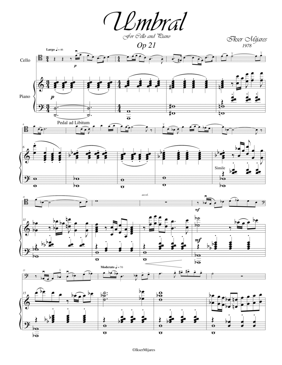 Umbral Op 21 for Cello and Piano. (piano sheet music) image number null