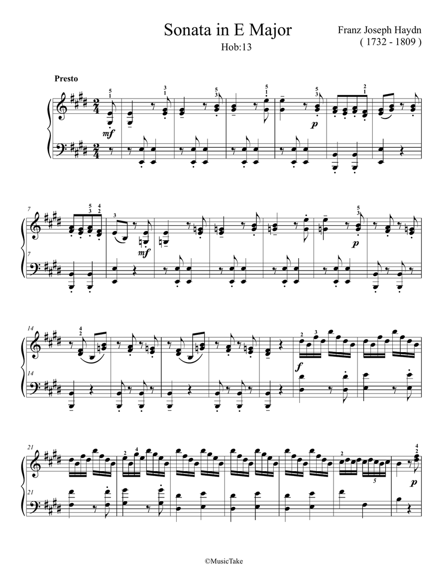 Haydn Sonata in E Major, Hob:13, Finale Easy Piano scores gallery preview page 1