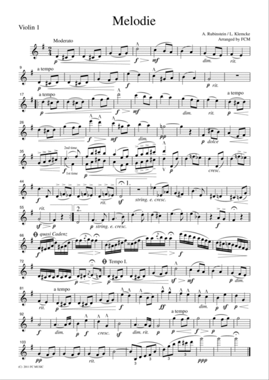 Rubinstein Melody, for string quartet, CR501 String Quartet scores gallery preview page 3