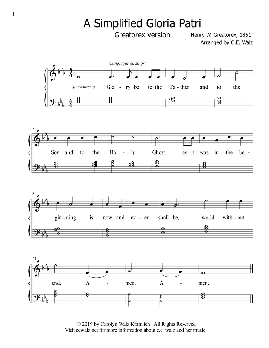 Simplified Gloria Patri and Doxology for Worship Service Easy Piano scores gallery preview page 1