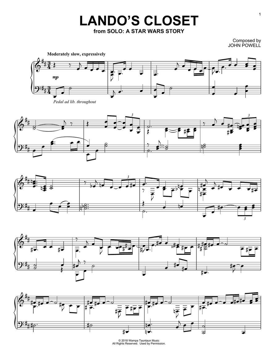 Lando's Closet (from Solo: A Star Wars Story) Piano Solo scores gallery preview page 1