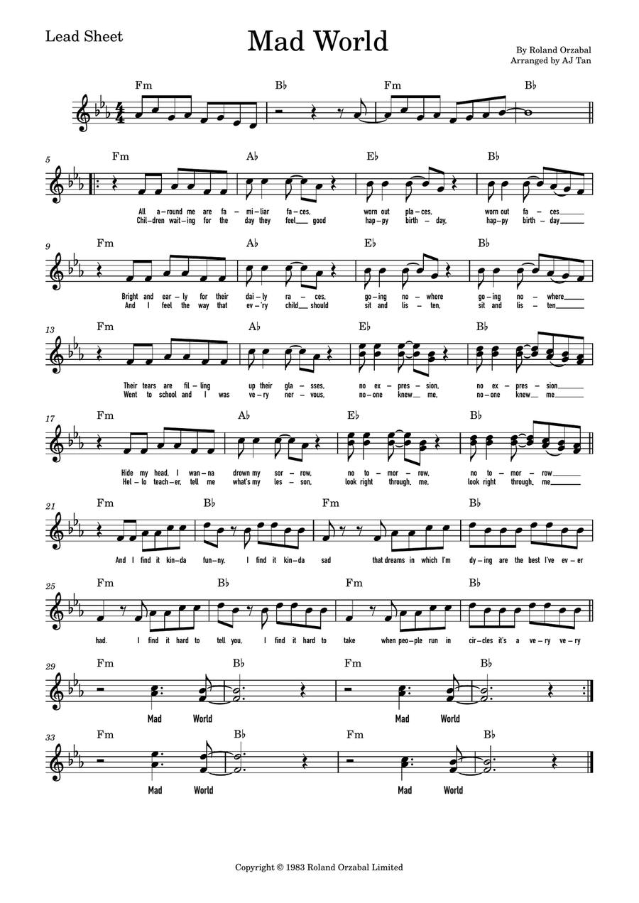 Mad World Piano Solo scores gallery preview page 1
