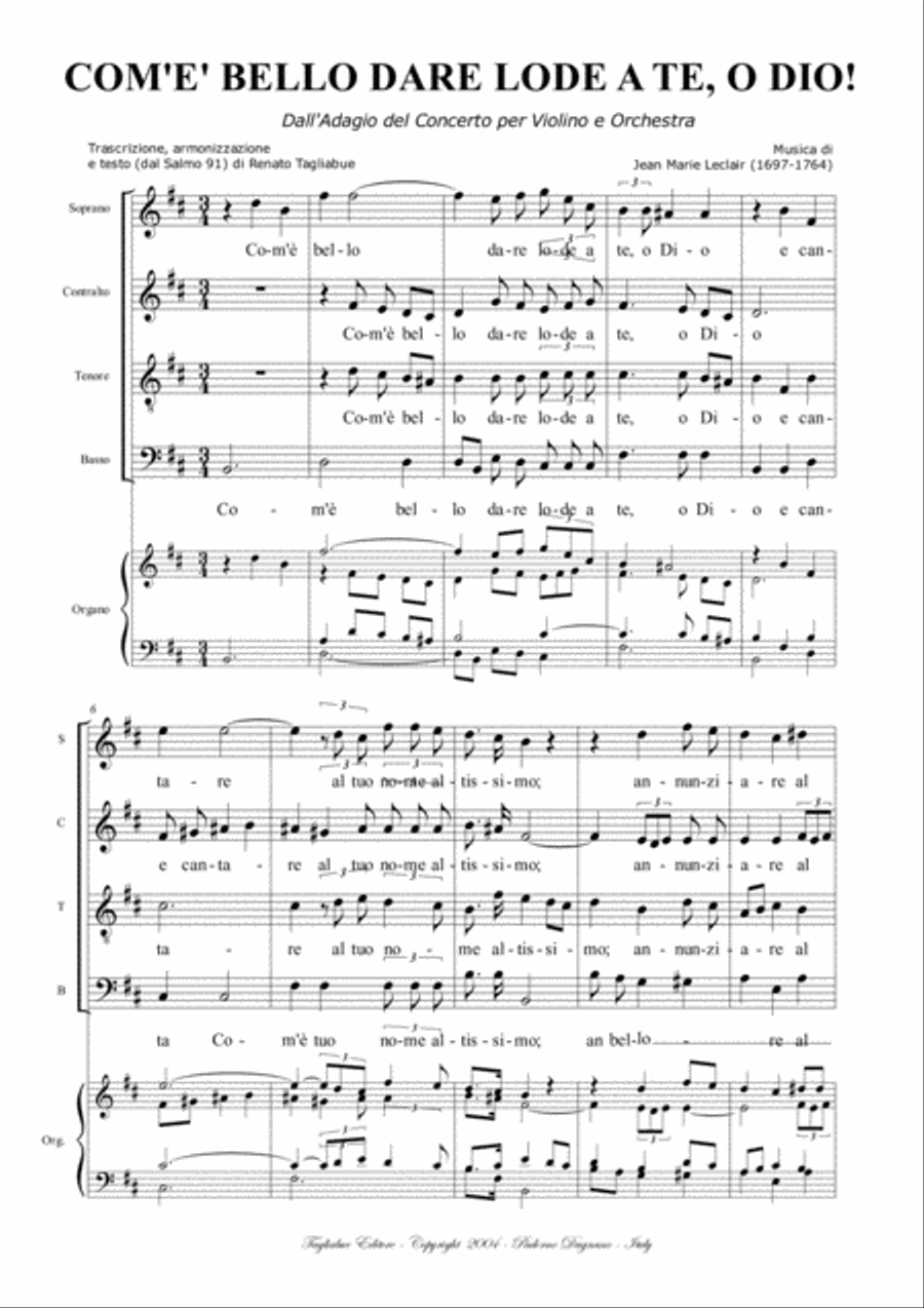 ADAGIO - Com'è bello dare lode a te, o Dio - Leclair - Arr. for SATB Choir and Organ 4-Part scores gallery preview page 1