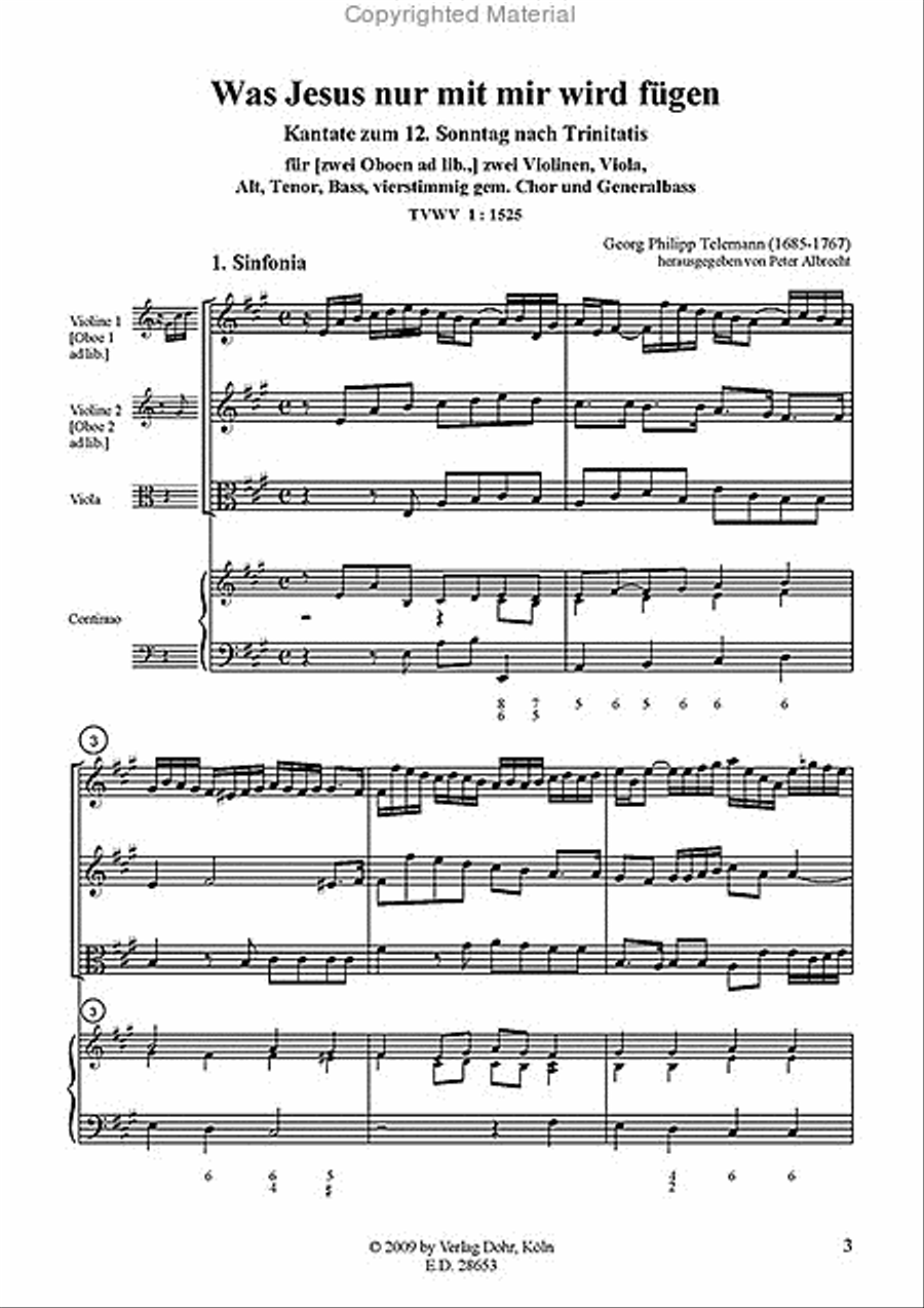 Was Jesus nur mit mir wird fügen für zwei Oboen ad. lib., zwei Violinen, Viola, Alt, Tenor, Bass, 4stg. gem. Chor und Generalbass TVWV 1:1525 -Kantate zum 12. Sonntag nach Trinitatis- 4-Part scores gallery preview page 2
