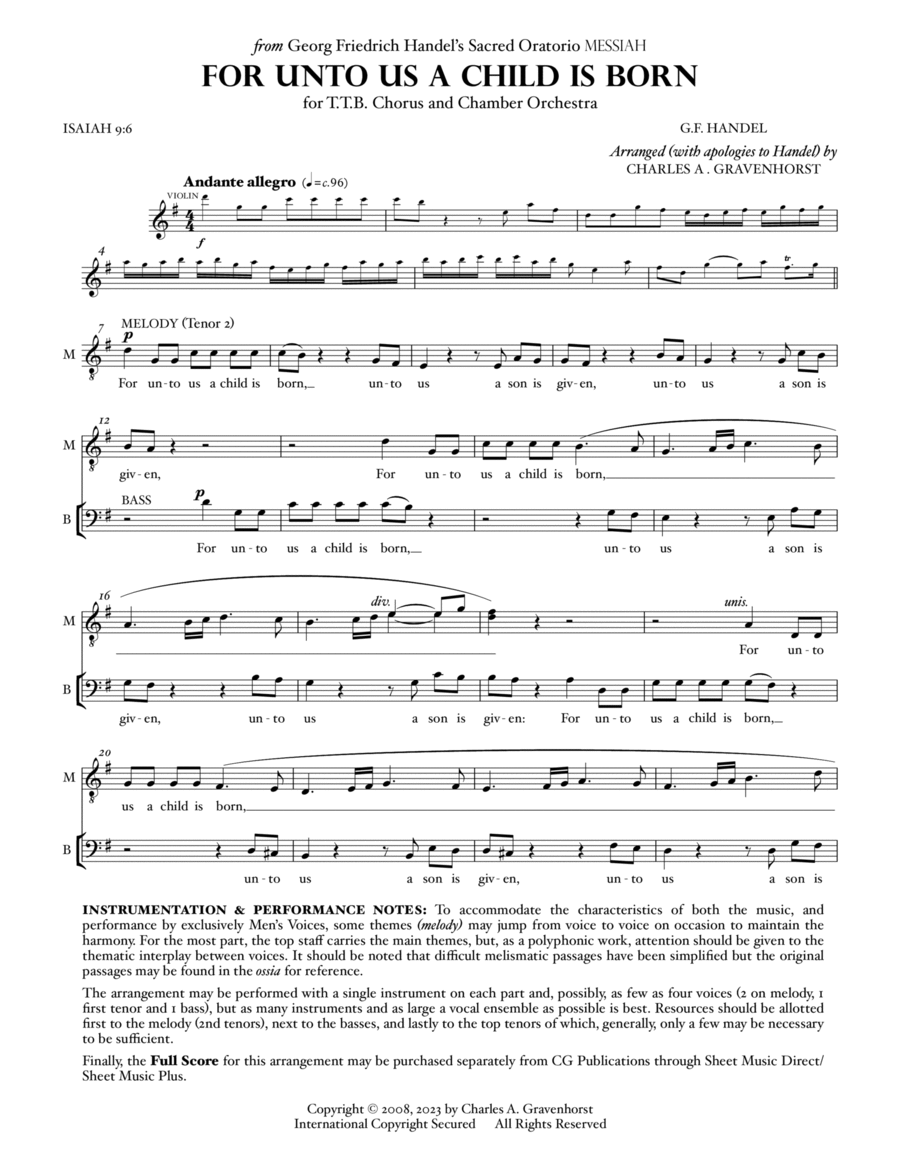 For Unto Us A Child Is Born (from “MESSIAH”) for Men’s Chorus (TTB) – VOCAL PARTS image number null