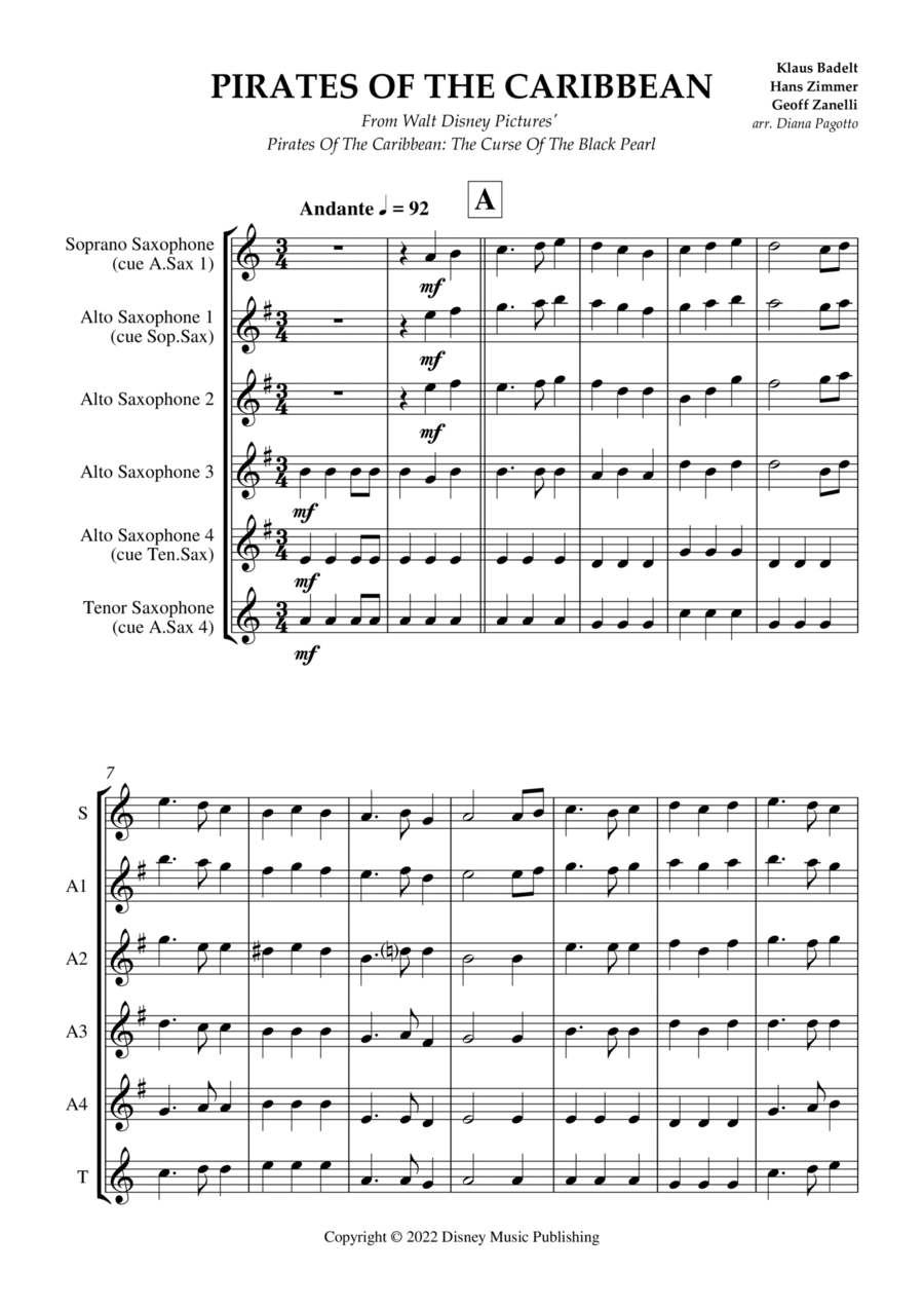 Pirates Of The Caribbean Saxophone Quartet scores gallery preview page 1
