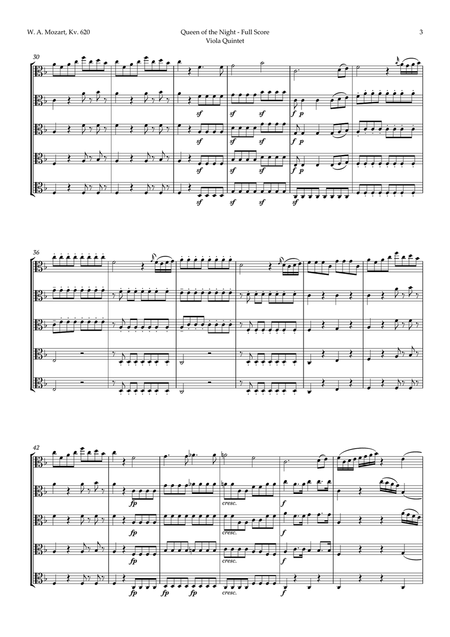 Queen of the Night Aria by Mozart for Viola Quintet String Quintet scores gallery preview page 3