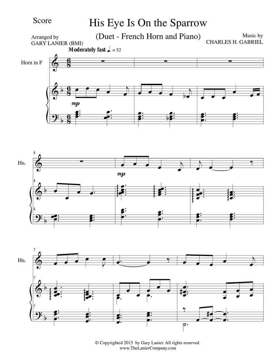 HIS EYE IS ON THE SPARROW (Duet – French Horn and Piano/Score and Parts) by Charles H. Gabriel Brass Duet - Digital Sheet Music page 2