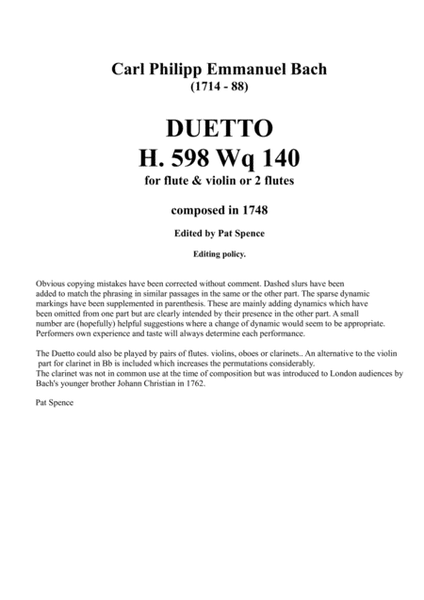 DUETTO FOR FLUTE & VIOLIN OR 2 FLUTES BY C.P.E. BACH