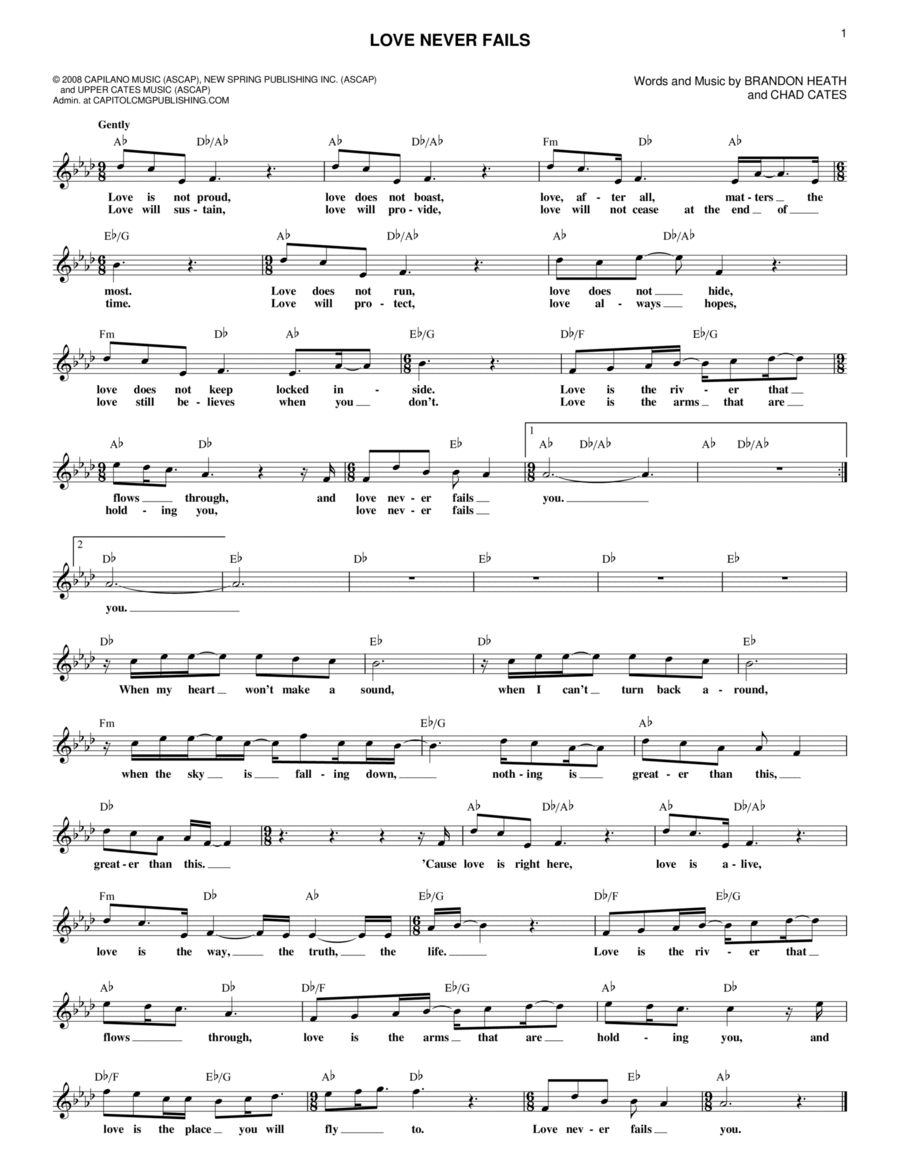 Love Never Fails Piano scores gallery preview page 1