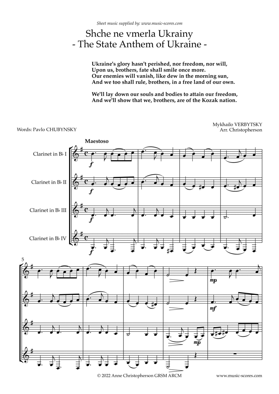 Shche ne verla Ukrainy: The State Anthem of Ukraine - 4 Bb Clarinets Clarinet Quartet scores gallery preview page 1