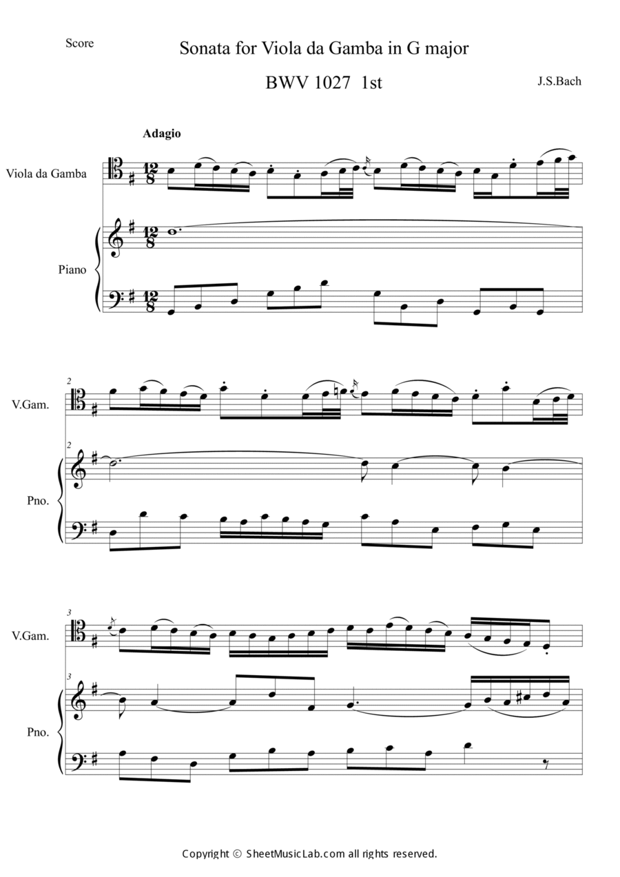 Sonata for Viola da Gamba in G major BWV 1027 1st Viola da Gamba scores gallery preview page 1